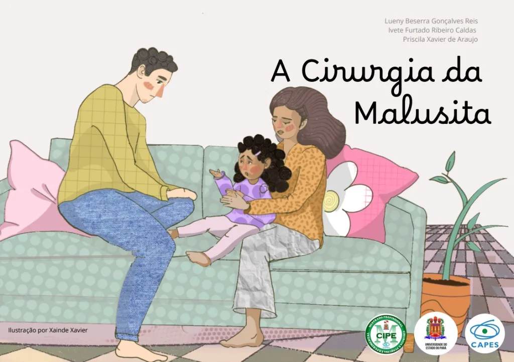 Capa do livro A Cirurgia da Malusita: uma família acolhendo a criança no sofá