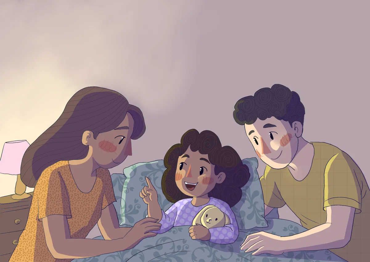 Cena do livro: a Malusita sorrindo na cama, abraçada ao coelhinho, com os pais ao lado